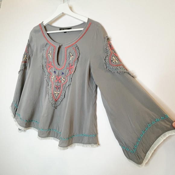 Love Stitch Grey Boho Embroidered Bell Sleeve top - Picture 4 of 16
